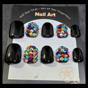 🔴SALE SET🔴Handmade Gel Black Press on Nails with Colorful Gems